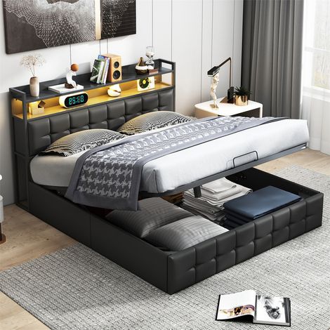Letto contenitore 160x200cm - matrimoniale con rete a doghe, testiera LED con porte USB/C e mensole, PU - nero (1/5)