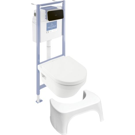 Pack inodoro sin reborde VILLEROY ET BOCH Architectura con asiento + estructura de soporte de suelo y pared Viconnect PRO + placa negra mate + taburete blanco