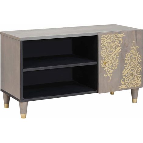 Meuble TV design moderne avec rangement épuré 80 x 33 x 46 cm en bois de mangue massif gris