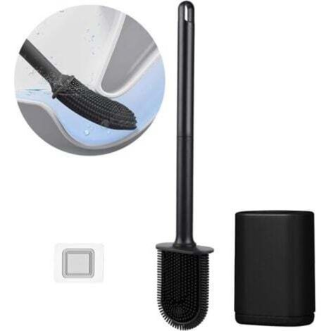 Brosse de toilette en silicone, brosse de toilette plate et flexible, brosse de toilette de salle de bain avec bac à poussière à séchage rapide, installation murale sans perçage, noire. (1/4)
