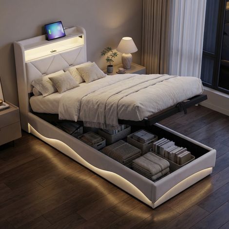 Letto contenitore 90x200 con rete a doghe, letto singolo con illuminazione LED e porta USB, testiera con contenitore, velluto, design moderno ondulato, Beige