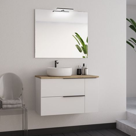 Meuble de salle de bain 80cm avec vasque à poser ronde et miroir avec applique - blanc - KING (1/5)