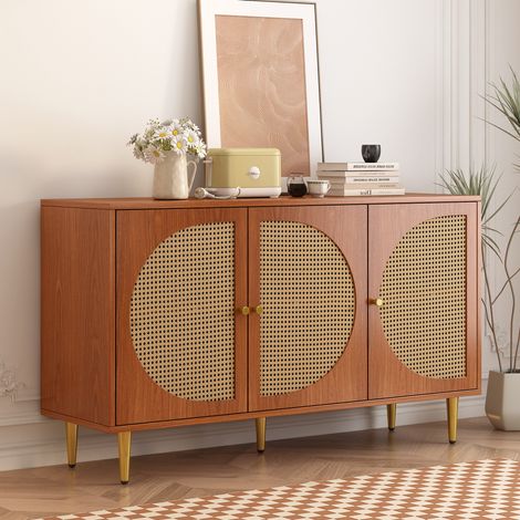 Buffet 129.8x40x76cm 3 portes Rattan tissé rangement Étagère réglable panneau de particules marron (1/5)