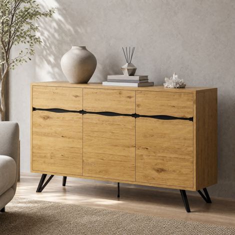 Buffet 3 portes 140x40x75,5 cm, grand rangement, décor bois et pieds métal noirs FloraGrace (1/5)