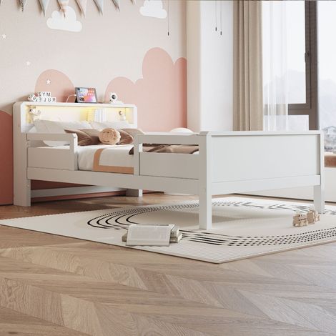 Lit Simple en Bois 90x200 cm avec Prises USB et Tape-C, Éclairage LED, Tête de Lit avec Espace de Rangement, Style Rustique, Lit pour Enfants - Blanc (1/5)