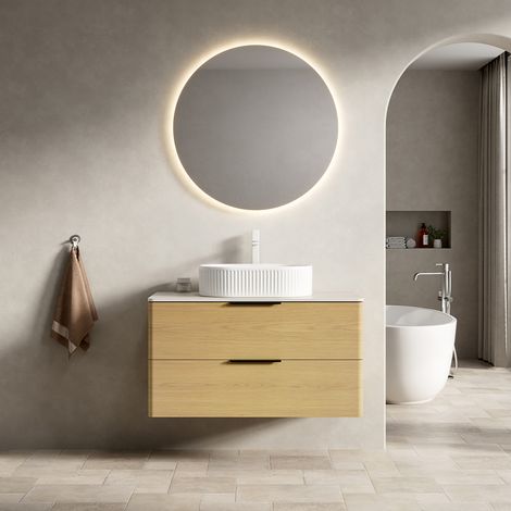 Meuble Vasque Suspendu 90 cm avec Lavabo Ovale Céramique 2 Tiroirs Fermeture Douce Plateau Pierre Frittée Travertin (1/5)