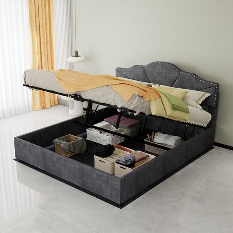 Lit coffre en tissu gris 160x200 cm avec vérin pneumatique et tête de lit géométrique