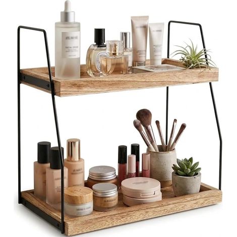 Station de rangement pour le café, étagère de cuisine en bois à poser, étagère à épices à 2 niveaux, organisateur d'étagère pour la cuisine, la maison et le bureau (Marron) (1/5)