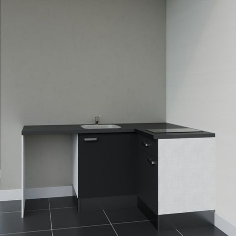 Kitchenette d'angle KA01L-PT avec plan de travail et évier - Façade Noir - Plan Noir texturé - Evier Inox - Crédences Non