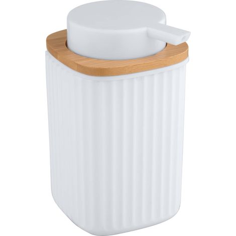 Wenko Dosatore di Sapone Rotello, Dispenser Ricaricabile per 250 Ml di Sapone Liquido, Plastica di Qualità con Dettagli in Bambù, Anche per Detersivo per Piatti, 8,9 X 12,7 X 7,5 Cm, Bianco/Naturale (1/5)