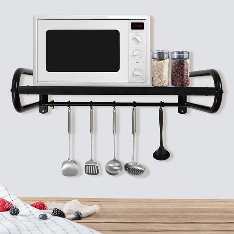 Wall Mounted Mikrowelle Regal,Edelstahl Mikrowelle Halterung Mit 6 Mobile Haken Dicke FüR KüChe,Household Heavy Duty Shelves,Mikrowellenhalter (1/5)