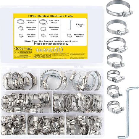 Collier de Serrage Réglables, Tuyau Clips, Colliers de Serrage en Acier Inoxydable, Pinces de Tuyau pour Tube A'automobiles, Piscine, 71 Pièces/8-38 mm (1/5)
