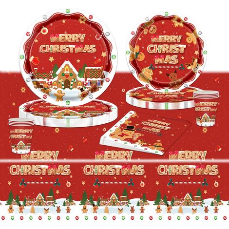 69 Pièces Vaisselle Assiette en Papier de Noël,Serviettes,Gobelets en papier,Assiettes à dessert,Nappe,Vaisselle de Noël de Party Set pour Décorations de fêtes Joyeux Noël(16 Invités) (1/5)