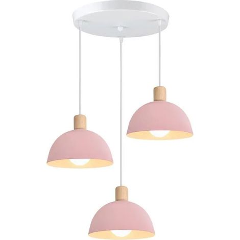 3 Lampes Suspension Luminaire Moderne 20cm Lustre Suspension Rétro Style Scandinave Plafonnier Abat-jour en Bois Métal,Rose (1/5)