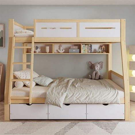 Lit superposé enfant 2 places 90x200/120x200 avec 3 tiroirs, pupitre et échelle – blanc/naturel (1/5)