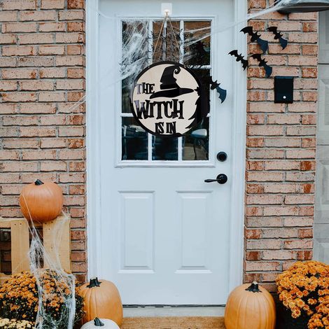 Halloween-Türdekoration: Hexe aus Holz zum Aufhängen an der Haustür, ideal für eine Halloween-Party zu Hause oder im Freien. (1/5)