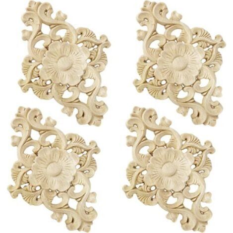 – Lot de 4 décorations en bois sculpté 15 x 10,5 cm – Pour meubles, murs, portes – Bois de caoutchouc naturel – Décoration DIY (1/5)