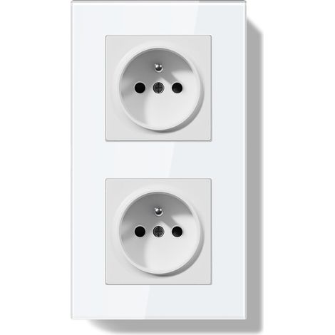 Double Prise Murale,Normes Françaises Prise Electrique Encastrable,Facile à Installer,Panneau en Verre Cristal,2 Gang 157  86mm,Blanc (1/5)