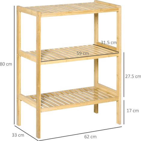 Étagère en bambou à 3 niveaux, peu encombrante, idéale pour la salle de bain, le salon et la cuisine facile à assembler 62 x 33 x 80 cm couleur naturelle. (1/5)