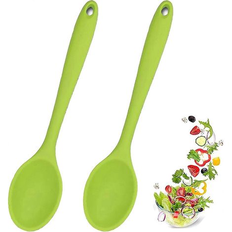 Lot de 2 cuillères en silicone résistantes à la chaleur et hygiéniques pour la cuisine (vertes). (1/4)