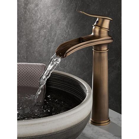 Robinet cascade lavabo noir haut – Mitigeur vasque à poser en laiton sans plomb – Design moderne pour salle de bain – Installation facile (1/3)