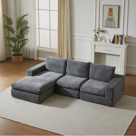 Canapé mit Chaiselongue aus Cord Dunkelgrau, modular, 4-teilig, beidseitig montierbare Liegeposition, ohne Montage (1/5)