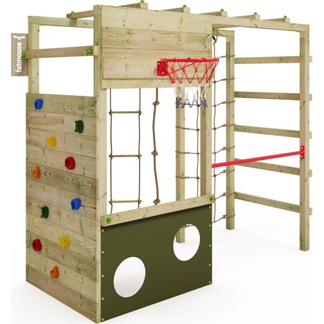 FATMOOSE Klettergerüst CleverClimber mit Sandkasten & Leiter, extrem witterungsbeständig, Basketballkorb, Torwand - Olivgrün