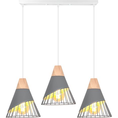 Suspension Luminaire Moderne Industrielle Bois Lustre Abat-jour Métal Vintage forme Cage Ø25cm Plafonnier E27 Design pour Cuisine Chambre Salon (3 lampes - Gris- barre) [Classe énergétique A]