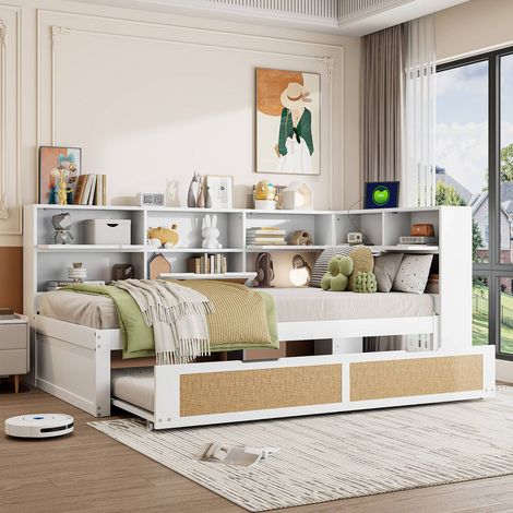 Canapé-lit multifonction 90 x 200cm en bois blanc avec lit gigogne, rangements et port de charge (1/5)