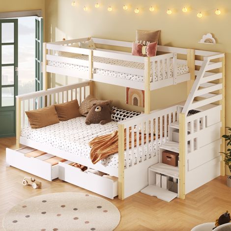 Letto a castello 90x200 cm + 140x200 cm con cassetti e vano portaoggetti in pino, bianco e naturale, senza materasso (1/5)