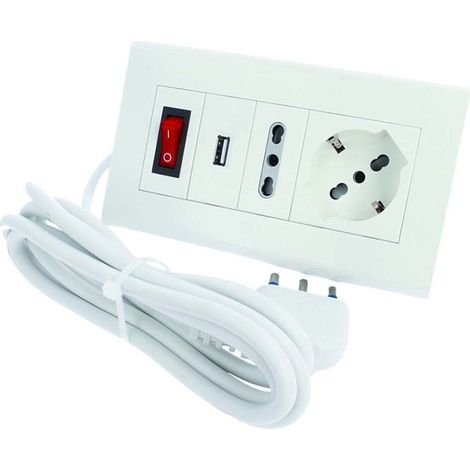 Multipresa Da Tavolo Con USB Bianco 1 Presa Schuko 1 Presa Bipasso 10/16A Interruttore Spina 16A Cavo 2 Metri