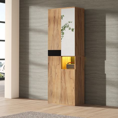 Armoire haute avec miroir, quatre portes et un compartiment de rangement ouvert, Finition bois noir et naturel, Dimensions : 65 × 35 × 190 cm (1/4)