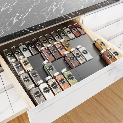 Étagère à Epices Tiroir, Rangement Epices Cuisine Tiroir en Métal, Extensible de 29cm à 58cm, Porte-Épices pour Différentes Largeurs Tiroirs (1/5)