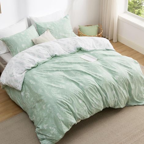 Parure de lit 3 pièces 240 x 220 cm - Housse de couette 240 x 220 cm avec 2 taies d'oreiller 50 x 75 cm - Motif fleurs vert sauge - Pour lit double - Avec fermeture éclair (1/5)