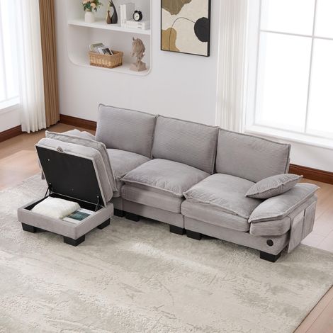 Canapé modulable 3 places velours côtelé gris clair avec 1 pouf. Assise large ergonomique, mousse haute densité, port USB-C et poches latérales. Idéal pour salon, bureau et détente. (1/5)