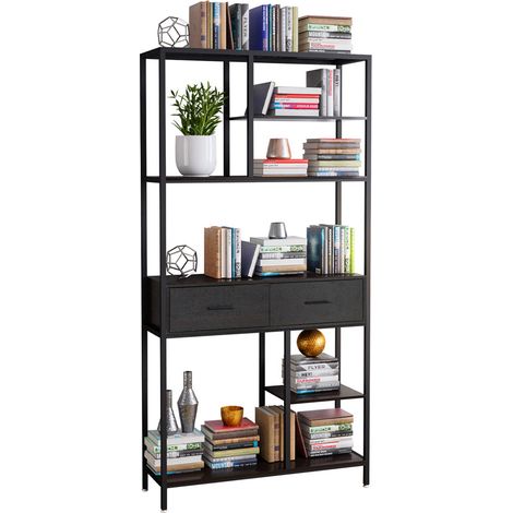 Unho – Bibliothèque industrielle en bois et métal 90x30x180cm – 2 tiroirs – Style vintage – Rangement salon et plantes (1/5)