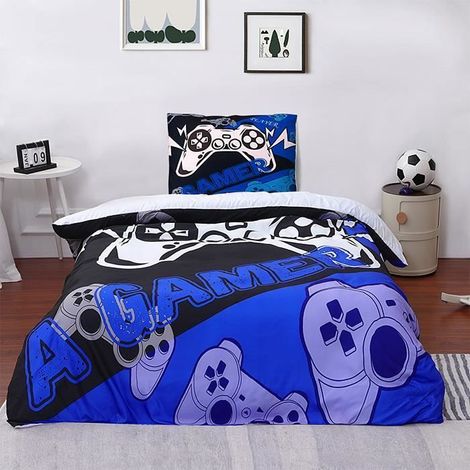 1 Parure de lit Enfant, Housse de couette 140x200cm, Motif Gamer, Taie d'oreiller 50x75cm, Microfibre, Chambre garçon