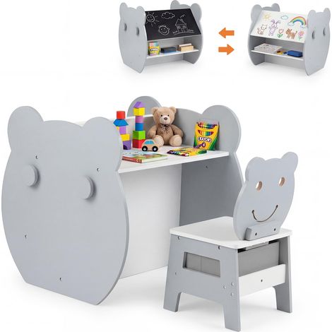 COSTWAY 3 en 1 Table Enfant avec Chaise, Bureau Enfant avec Tableau Blanc & Tableau Noir Réversible, 4 Crochets, Tiroir en Tissu Amovible, Charge 50/50 kg pour Garçons Filles de 3-10 Ans (Gris)