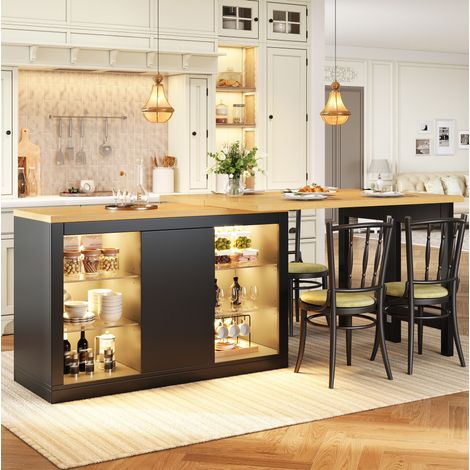 Îlot de cuisine extensible 120-197x40x72 cm noir en MDF avec LED RGB et rangements (1/5)