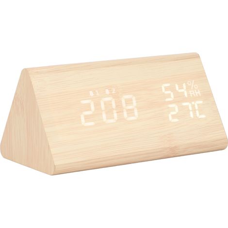 LED-Digitalwecker, Mehrzweck-Holzuhr mit Sprachsteuerung, Luftfeuchtigkeits-, Temperatur- und Wochentagsanzeige, Bambusholz (1/5)