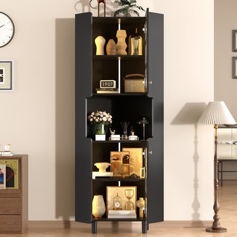 Vitrine d’angle 63,5x157,5 cm avec LED 10 couleurs via application, 2 portes vitrées et niche ouverte, MDF laqué noir, anti-basculement (1/5)