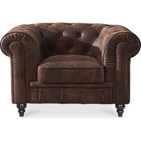 Intensedeco – Fauteuil Chesterfield vintage en microfibre – Accoudoirs larges – Dimensions L110 x P80 x H72 cm – Assise H44 cm