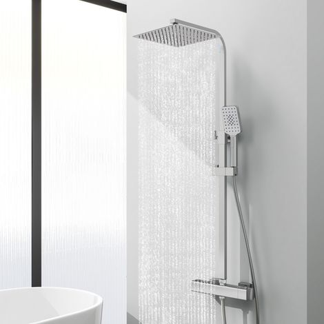 Acezanble colonne de douche thermostatique en laiton chromé, avec douche de tête carrée en acier inoxydable 25X25CM et douchette 3 fonctions, hauteur réglable 752mm-1287mm (1/5)