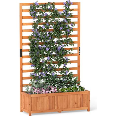 COSTWAY Jardinière Surélevée avec Treillis Vertical en Bois de Sapin 150 CM, Bac à Fleurs avec Trou de Drainage Doublure, pour Plante Grimpante Vigne, Lit de Jardin Intérieur et Extérieur (Orange) (1/5)