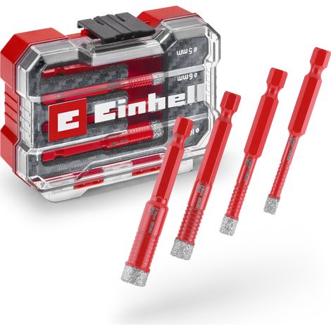 Einhell Set XS-CASE Coffret de 4 forets diamantés pour carrelage (coupe à sec, garniture diamantée de 7 mm, remplissage paraffine, bord de coupe turbo super fin, tige E 6.3)
