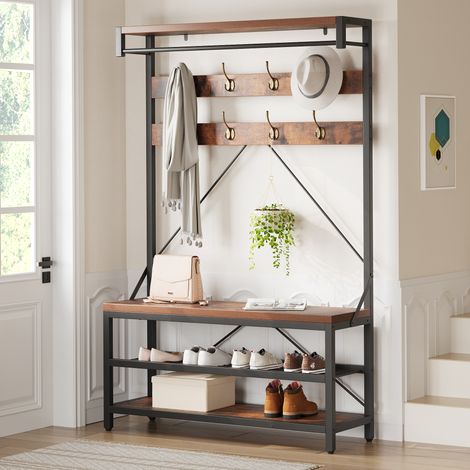 Meuble d’Entrée Avec Banc, 9 Crochets Et Étagère, Porte-Manteaux, Vestiaire, Pour Couloir, Chambre, Style Industriel, Marron Rustique Et Noir (1/5)