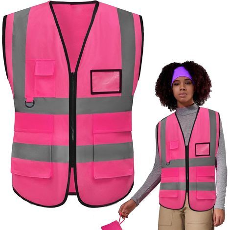 Rose Xl Gilet De Sécurité Avec Poches Et Fermeture Éclair,Gilet Fluorescent De Sécurité,Gilet De Securite Reflechissant,Gilet Reflechissant, Hi Viz Gilet Avec Zippé (1/5)