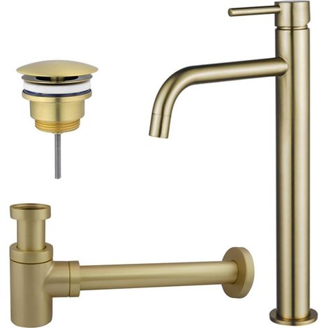 FugaFlow Eccelente Sobrado Slim Slim Kit mitigeur lavabo - robinet rehaussé - bonde non-obturable - siphon design bas - PVD Laiton brossé (1/4)