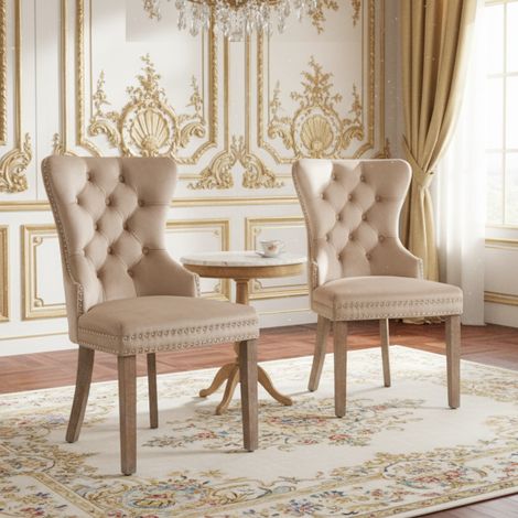 Set mit 2 Esszimmerstühlen - mit Ziernägeln - Massivholzkonstruktion - Samt - moderner Polsterstuhl - Beige