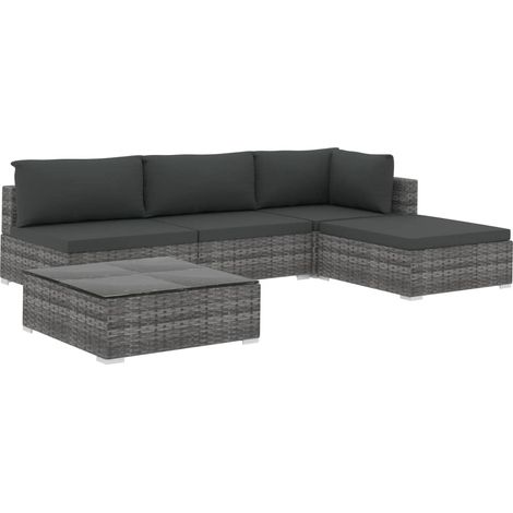 Vidaxl – Salon de jardin 5 pcs résine tressée gris – Coussins épais 6 cm – Armature acier laqué – Table basse verre trempé – Usage extérieur toute l'année (1/5)